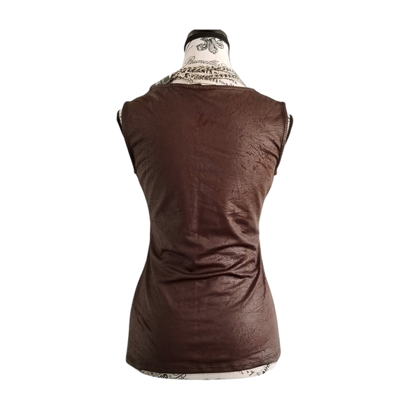 Michel Antoni Brown Distressed Wet Look Fitted Sleeveless Tank Top - Picture 4 of 5